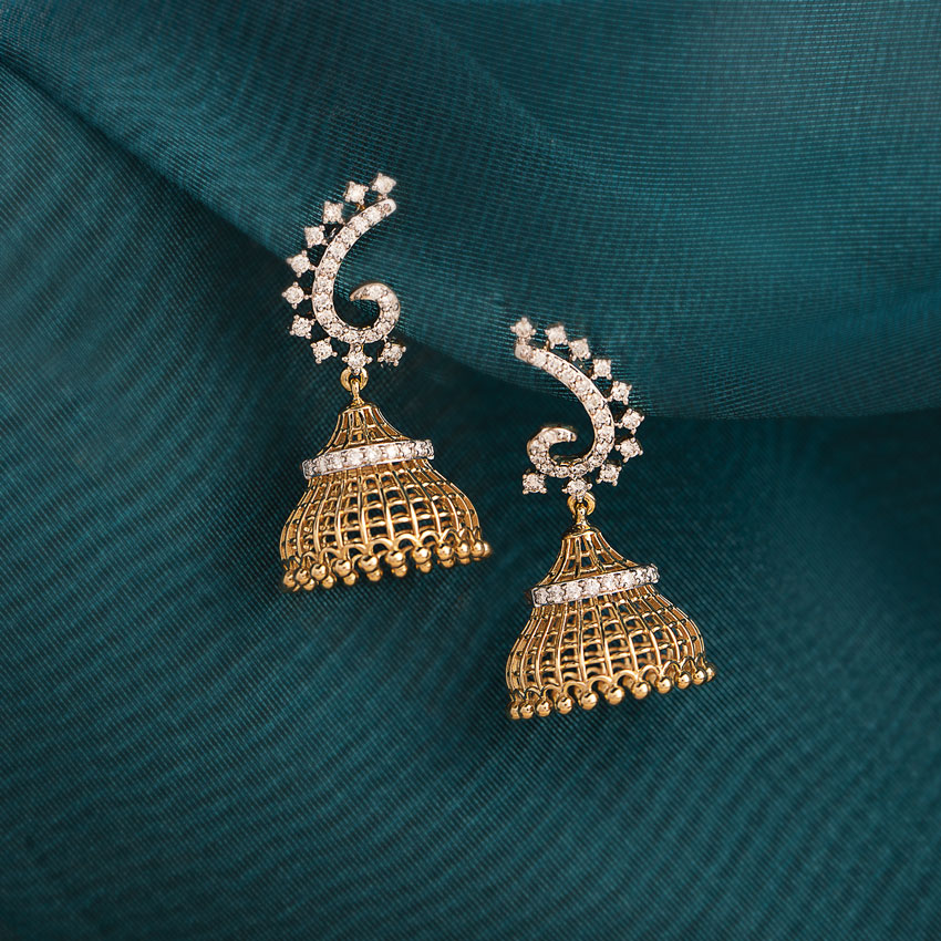 Scroll and Bead Diamond Jhumkas