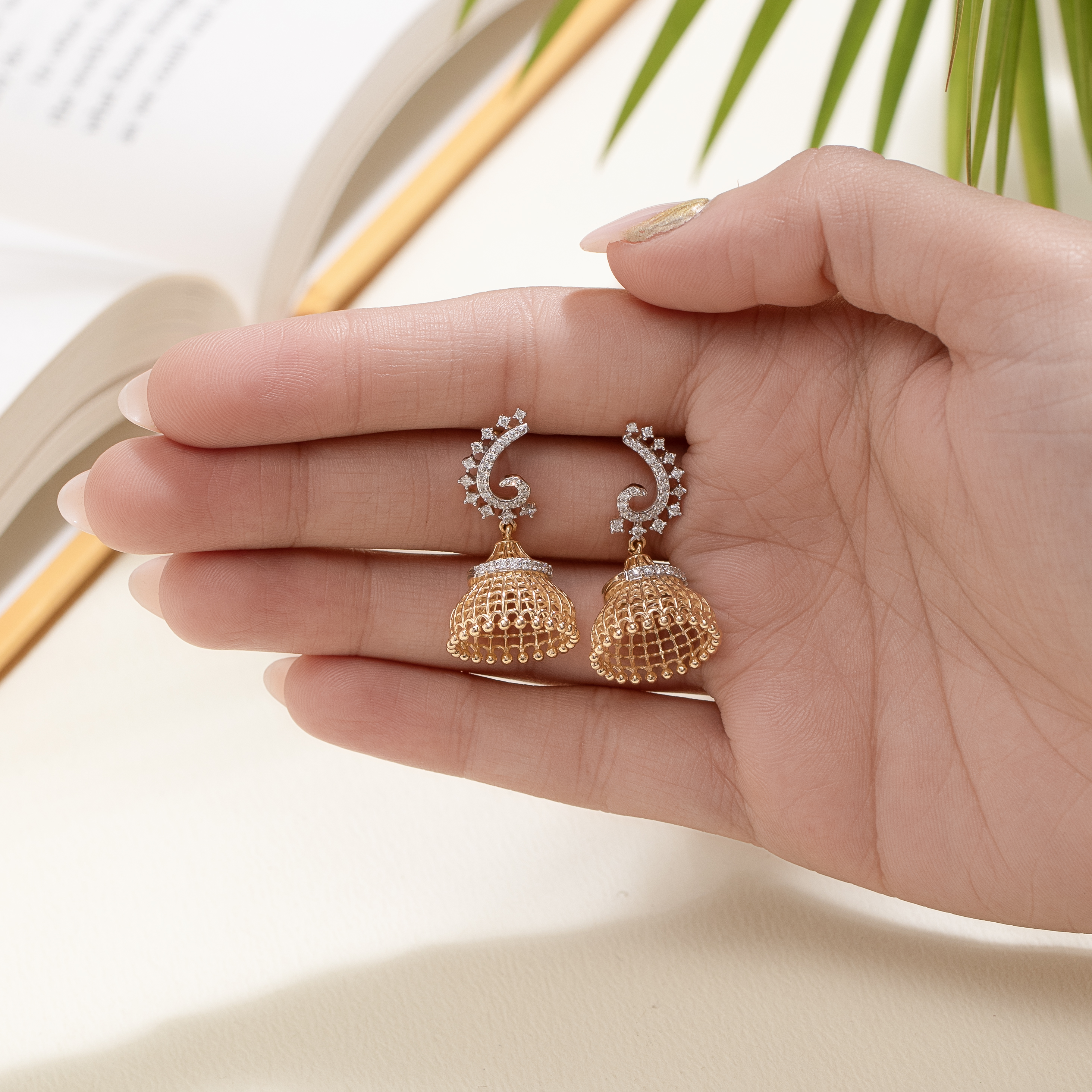 Scroll and Bead Diamond Jhumkas