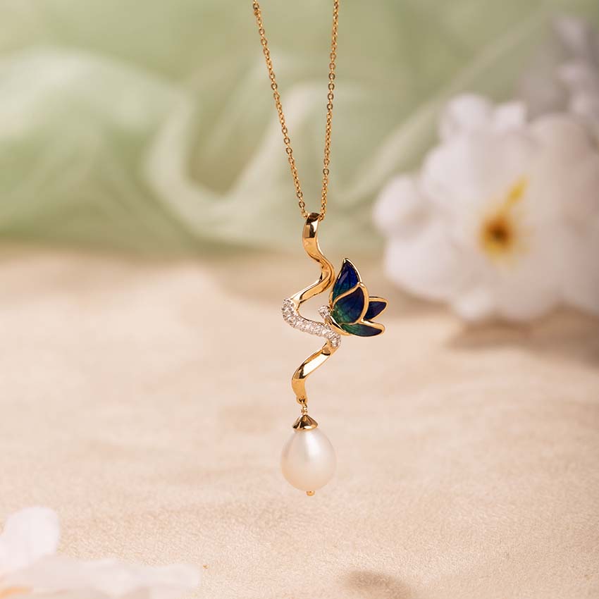 Ribbon Drop Butterfly Pearl Pendant